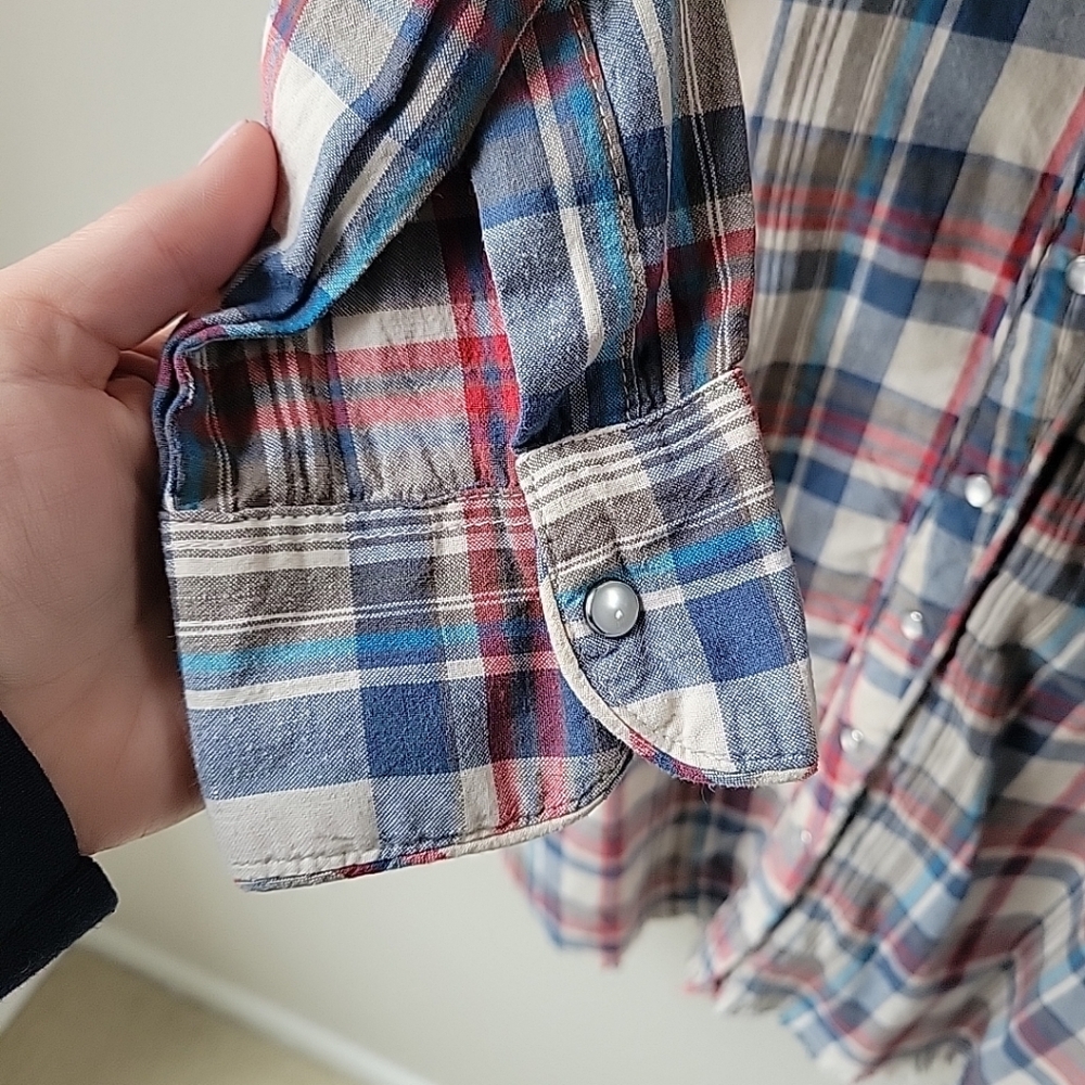 Alessandro Miele Womens Medium Plaid Shirt Dress 3/4 Sleeves Frayed Curved Hem - Picture 7 of 12